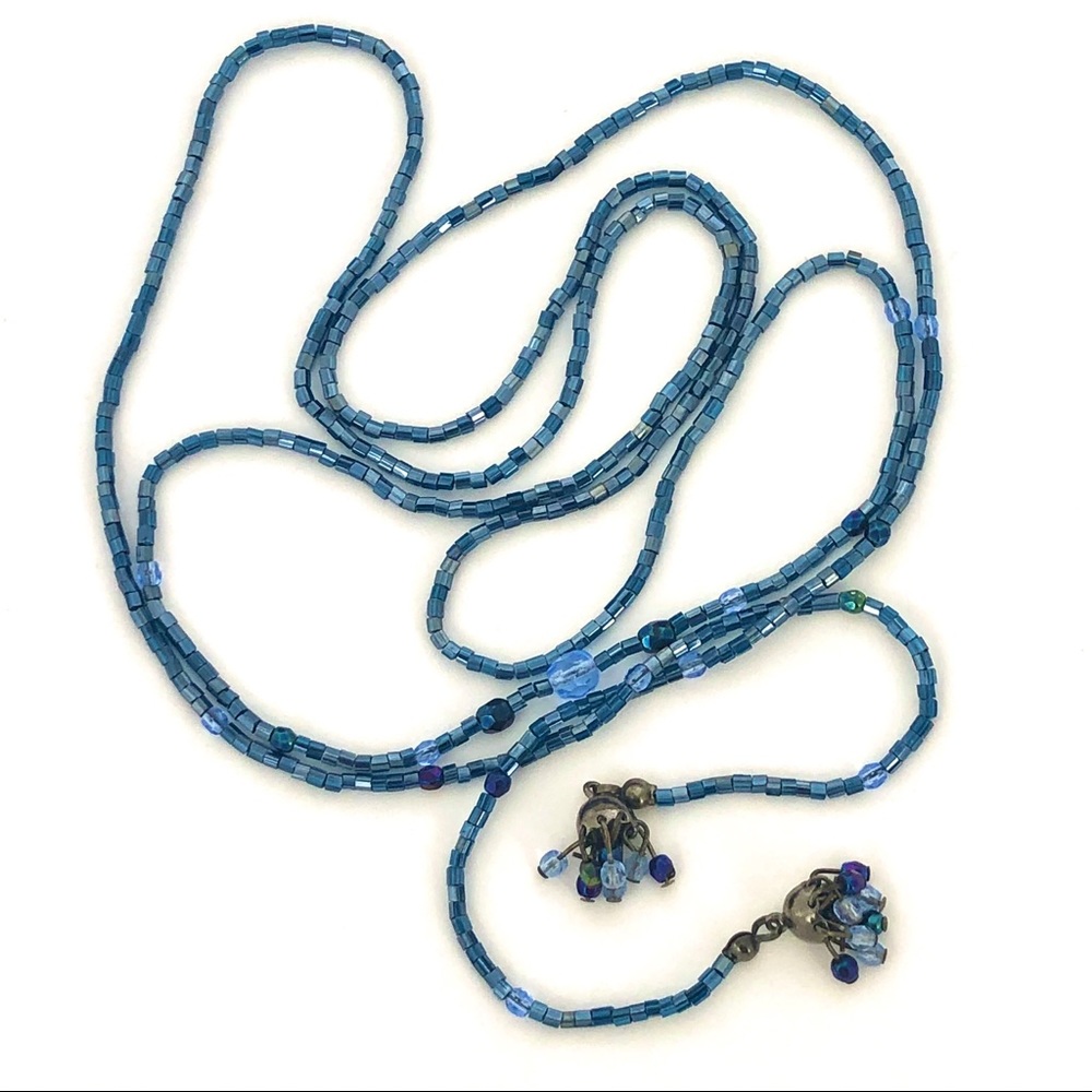 Vintage Blue Bugle Bead Lariat Style Necklace